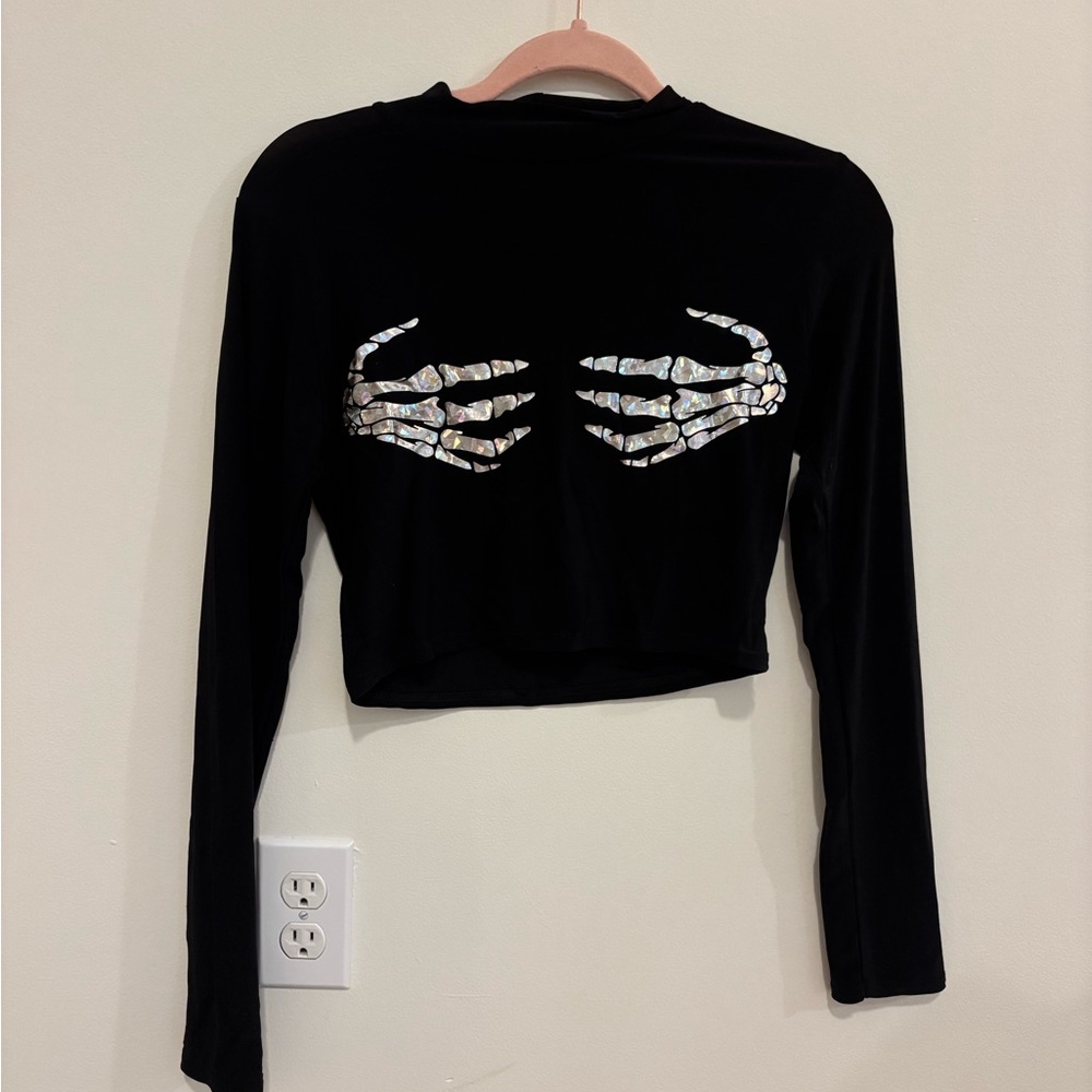 Black Long-Sleeve Crop Top with Skeleton Hands